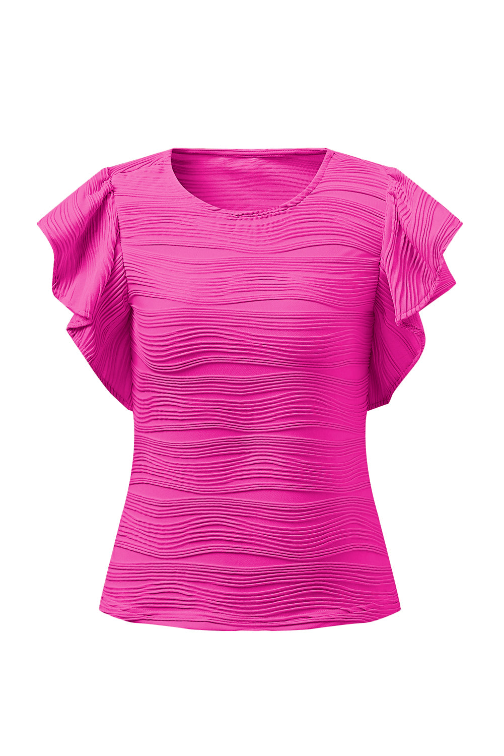Hot Pink textured bodysuit with ruffle cap sleeves and crew neck.