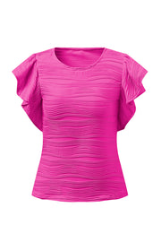 Hot Pink textured bodysuit with ruffle cap sleeves and crew neck.