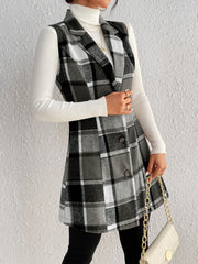 Sleeveless plaid blazer dress with button front and A-line skirt, styled with a white turtleneck.