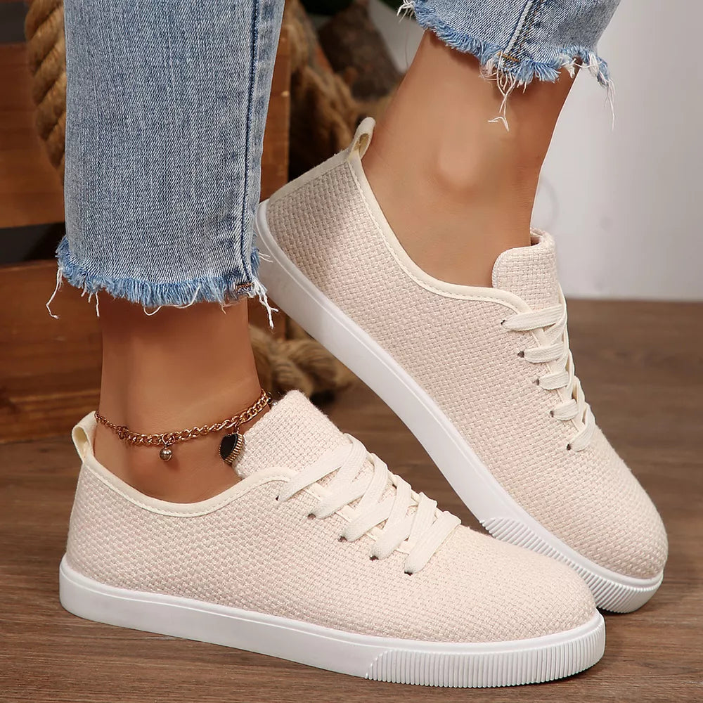Round Toe Lace Up Sneakers in Off-white, side view