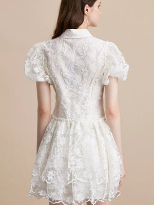 White lace mini dress with puff sleeves and floral embroidery.