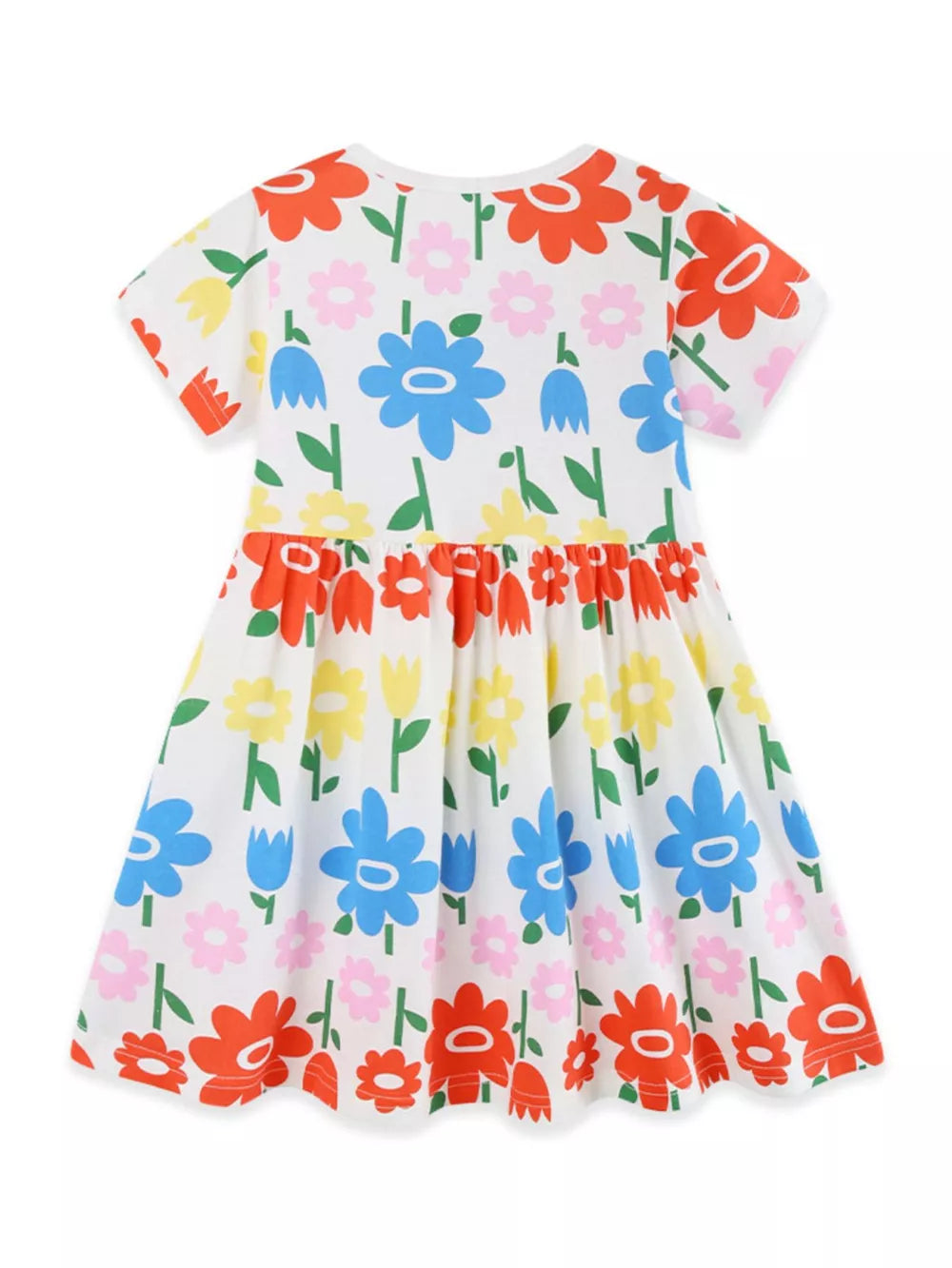 Toddler white cotton dress with colorful floral print, short sleeves, and gathered waist.