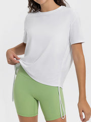 White jersey t-shirt with side tie detail and crew neck.
