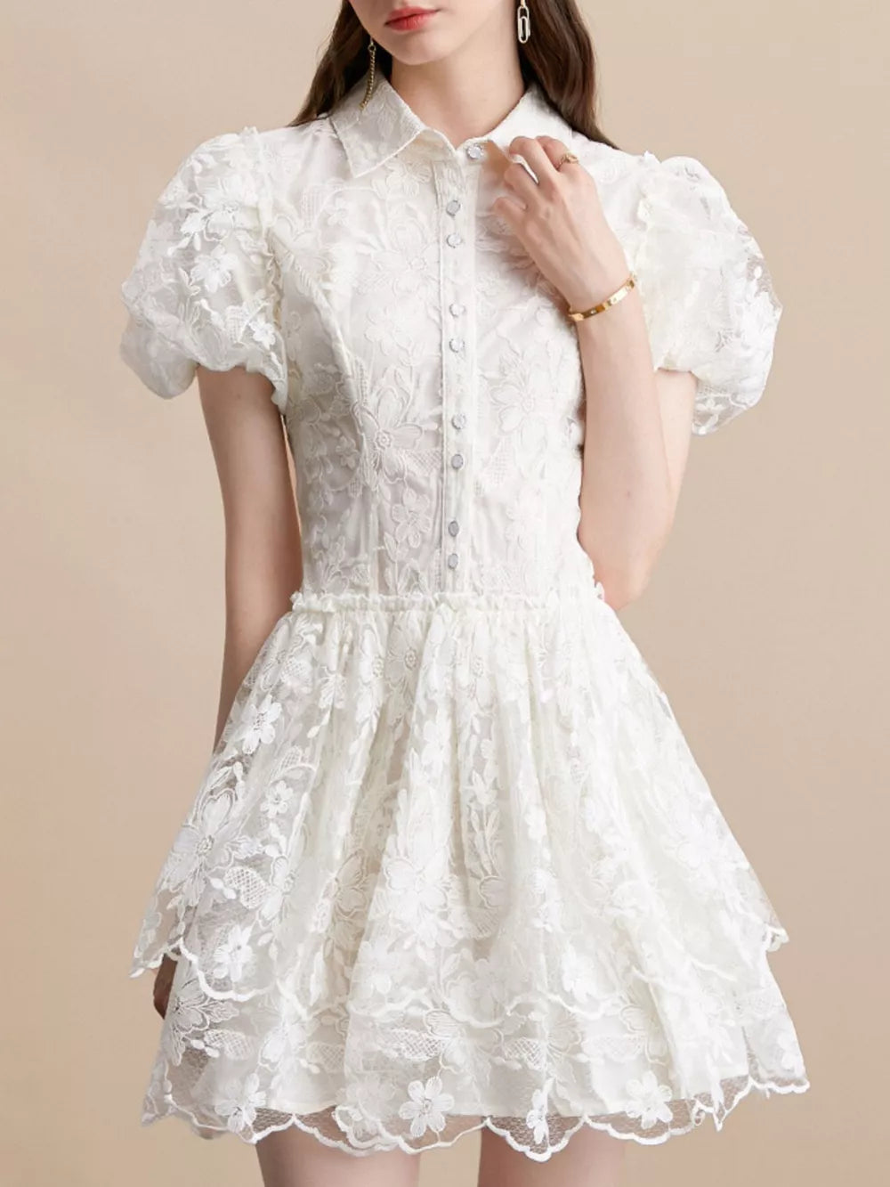 White lace mini dress with puff sleeves, collared neckline, and button front.