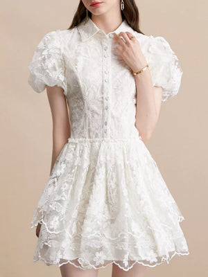 White lace mini dress with puff sleeves, collared neckline, and button front.