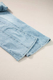High-waisted palazzo flare denim jeans in medium wash, showing leg seam detail.