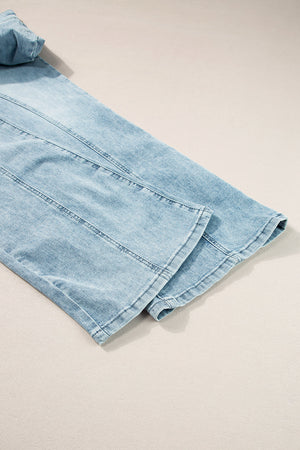 High-waisted palazzo flare denim jeans in medium wash, showing leg seam detail.