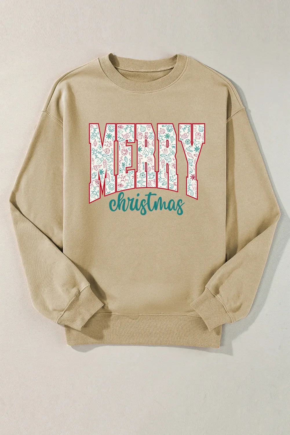 Khaki long sleeve sweatshirt with "MERRY christmas" graphic featuring festive icons.