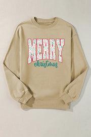 Khaki long sleeve sweatshirt with "MERRY christmas" graphic featuring festive icons.