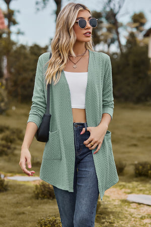 Sage textured open-front cardigan with pockets and long sleeves.