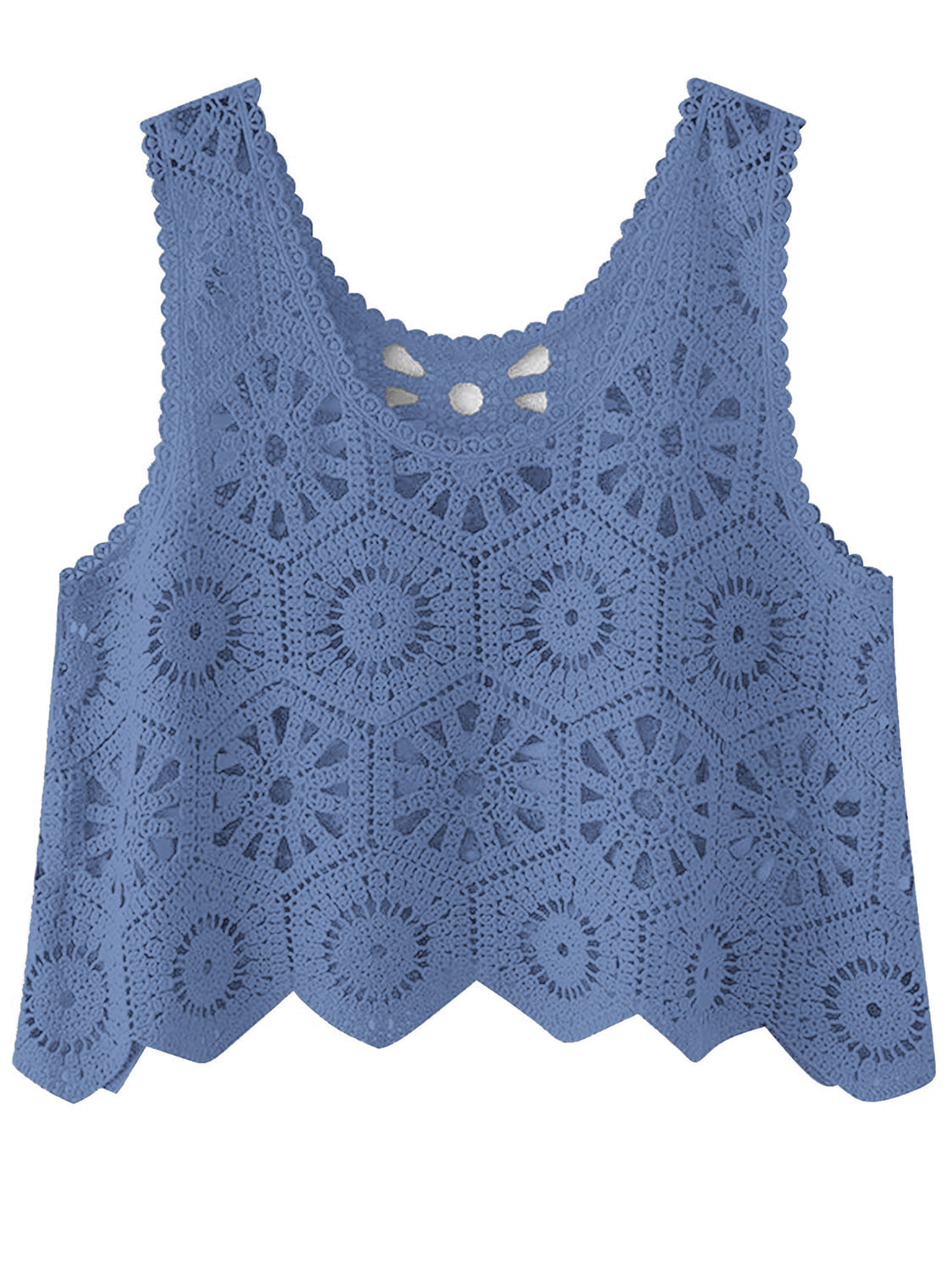 Dusty blue crochet medallion tank top with scalloped hem and neckline.