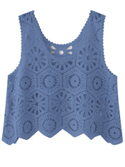 Dusty blue crochet medallion tank top with scalloped hem and neckline.