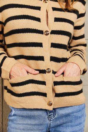 Khaki and black horizontal stripe knit cardigan with button front and pockets.