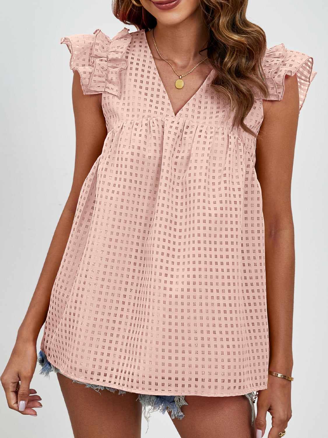 Apricot textured ruffle sleeve trapeze blouse with V-neck