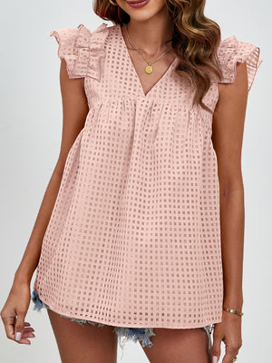 Apricot textured ruffle sleeve trapeze blouse with V-neck