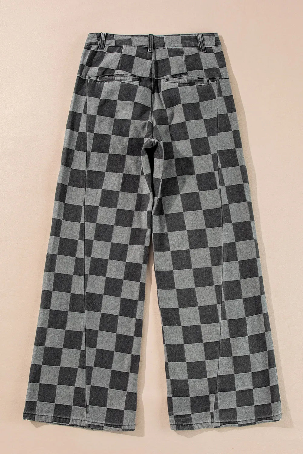 Checkerboard denim wide leg trousers in dark gray with a relaxed fit and split hem.