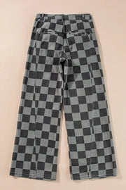 Checkerboard denim wide leg trousers in dark gray with a relaxed fit and split hem.