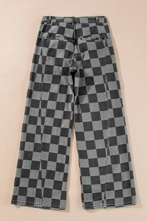 Checkerboard denim wide leg trousers in dark gray with a relaxed fit and split hem.