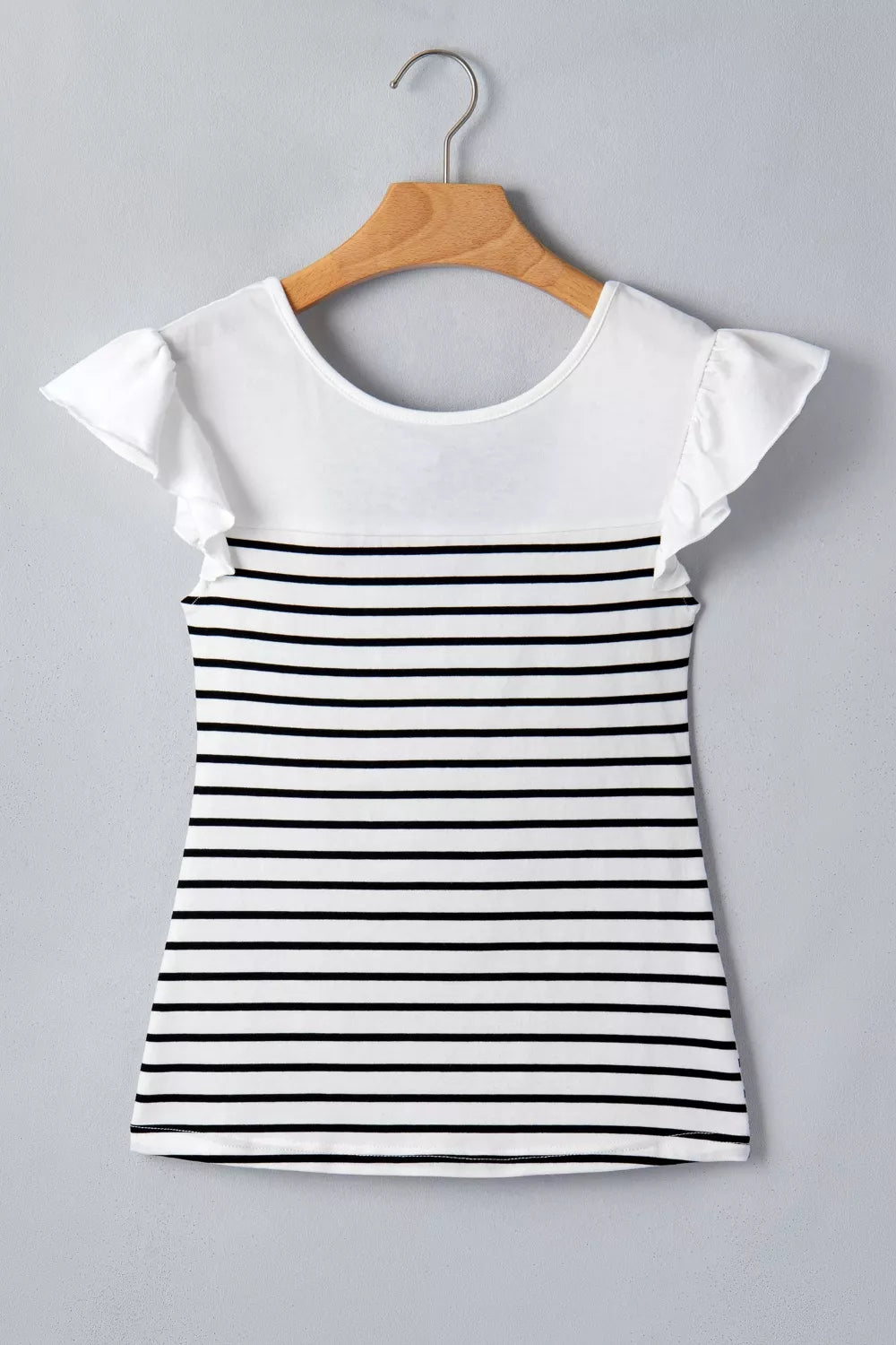White cotton tank top with black horizontal stripes and ruffled cap sleeves.