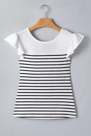 White cotton tank top with black horizontal stripes and ruffled cap sleeves.