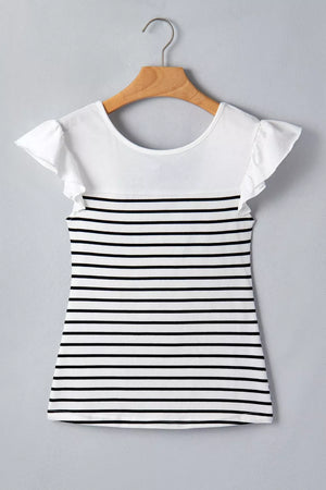 White cotton tank top with black horizontal stripes and ruffled cap sleeves.