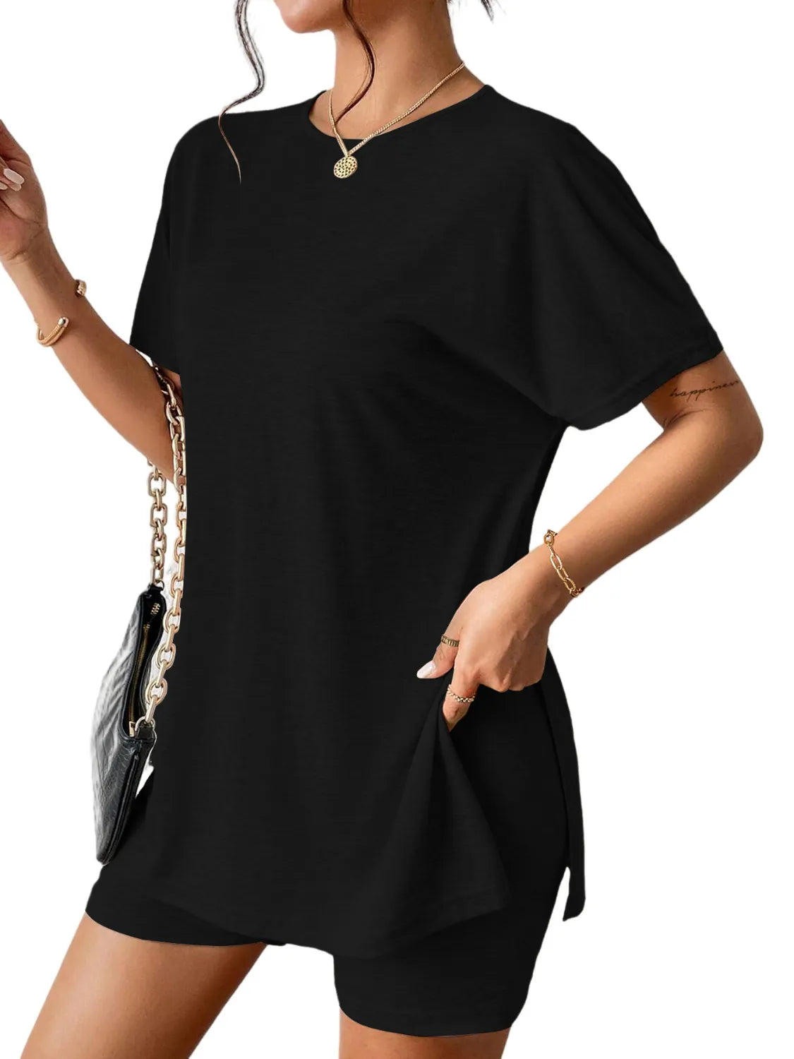 Black drape front tee with side slits and matching shorts set.