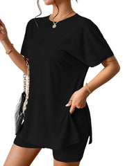 Black drape front tee with side slits and matching shorts set.