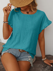 Teal eyelet knit blouse with ruffled short sleeves and a crew neck.
