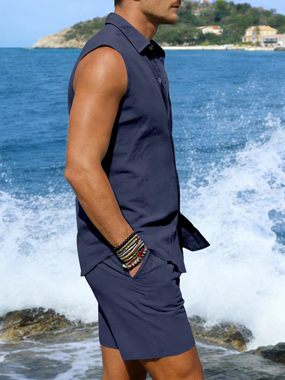 Navy linen sleeveless shirt and shorts set for men, relaxed fit, beachwear.