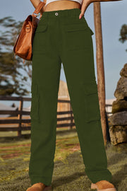 Army green denim cargo pants with multiple utility pockets and a relaxed fit.