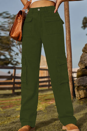 Army green denim cargo pants with multiple utility pockets and a relaxed fit.