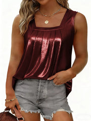 Wine red square neck tank top with pleats and metallic sheen.
