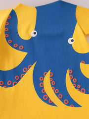 Yellow toddler t-shirt with a blue octopus print and orange suction cups.
