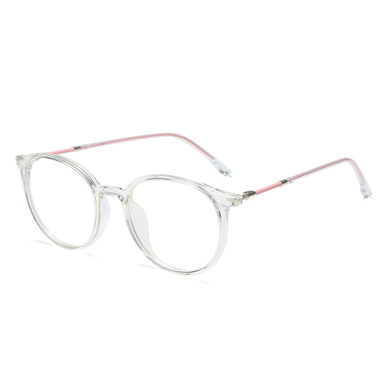 Round clear frame glasses with pink metal temples