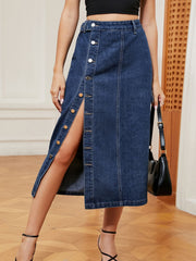 Denim midi skirt in dark wash with button front and thigh slit