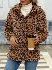 Leopard print sherpa overshirt jacket with button front and collar.