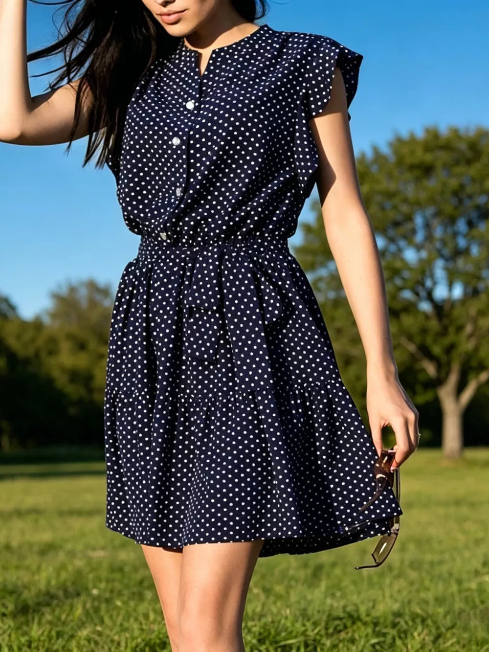 Navy polka dot dress with ruffle sleeves, tie waist, and tiered skirt.