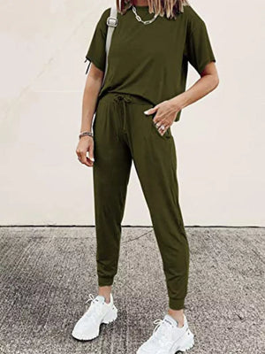 Army green cotton round neck top and jogger pants set with drawstring waist.