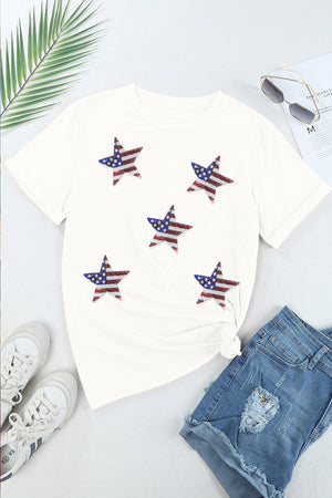 White cotton tee with sequin American flag stars, crew neck, short sleeves.