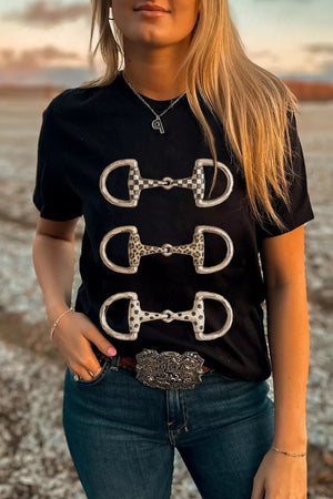 Black cotton t-shirt with equestrian bit graphic in checkerboard, leopard print, and polka dot patterns.
