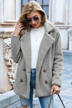 Light Gray teddy pea coat with double-breasted closure and notched lapels.