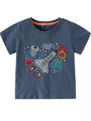 Toddler blue cotton t-shirt with embroidered rocket, planets, and stars graphic.