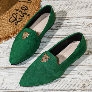 Green point toe slip-on flats with gold leopard detail