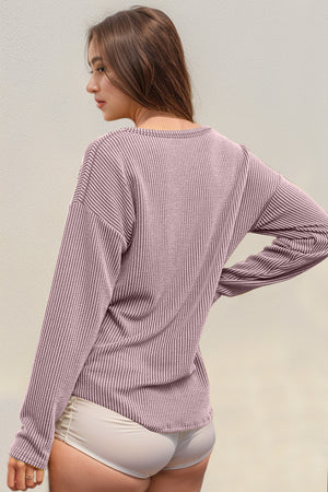 Ribbed lilac long sleeve top with crew neck, casual cotton blend.