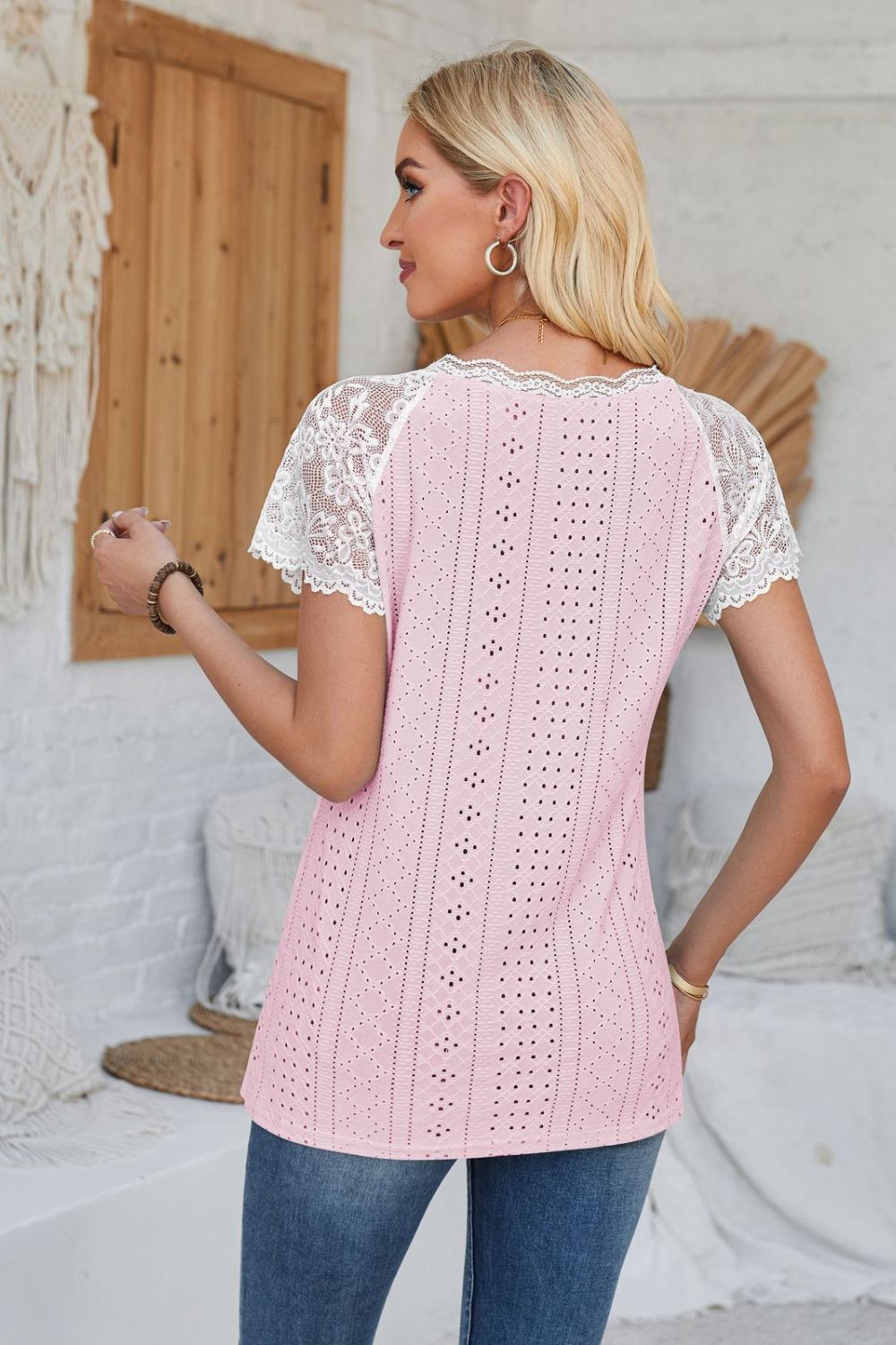 Dusty Pink eyelet raglan blouse with white lace short sleeves and scalloped trim.