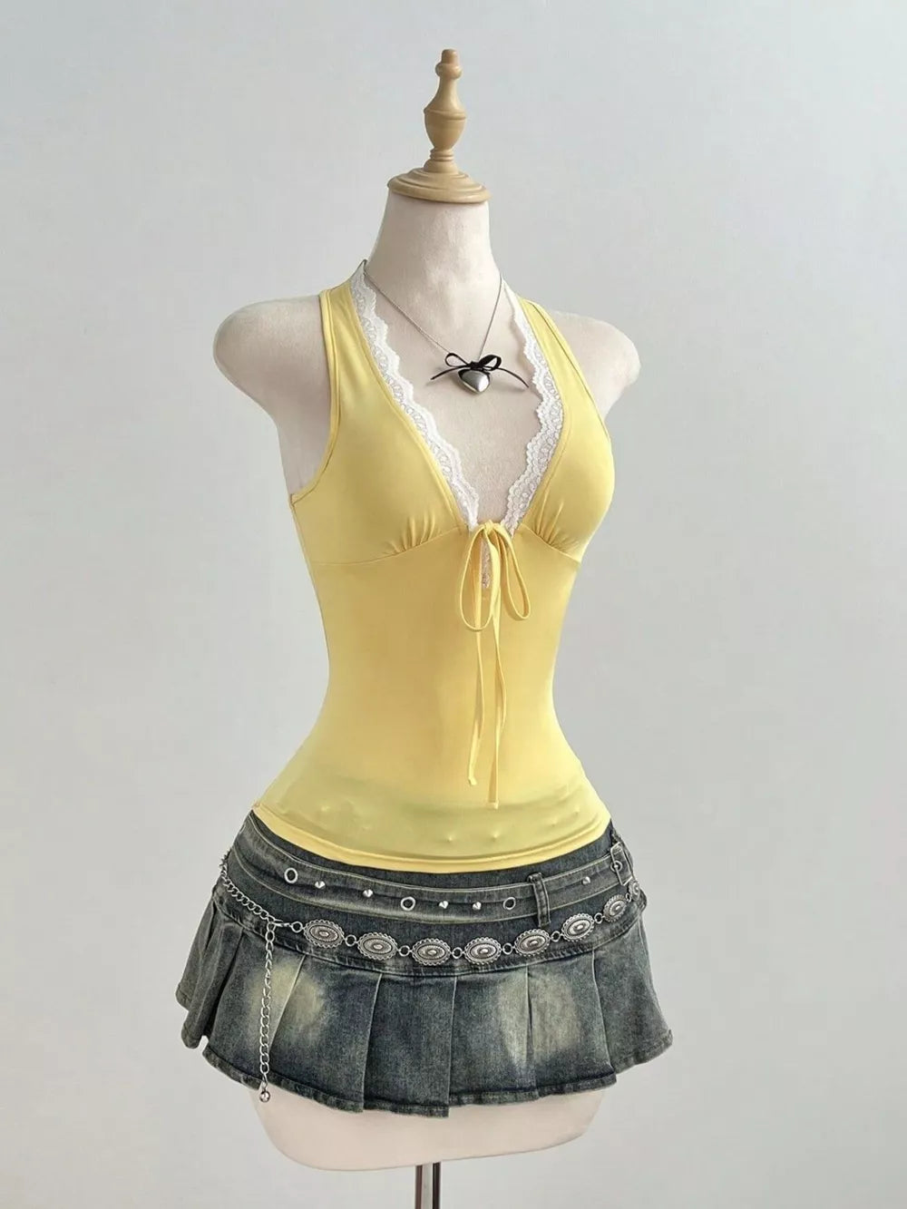 Lace Detail Halter Neck Cami in Yellow, front view