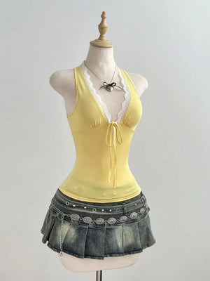 Lace Detail Halter Neck Cami in Yellow, front view