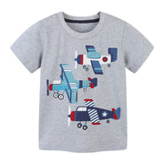 Toddler grey cotton crew neck t-shirt with playful cartoon airplane graphics.