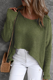 Moss green acrylic knit asymmetric slouch top with scoop neck and long sleeves.