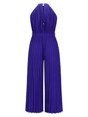 Royal blue halter neck pleated palazzo jumpsuit with belted waist
